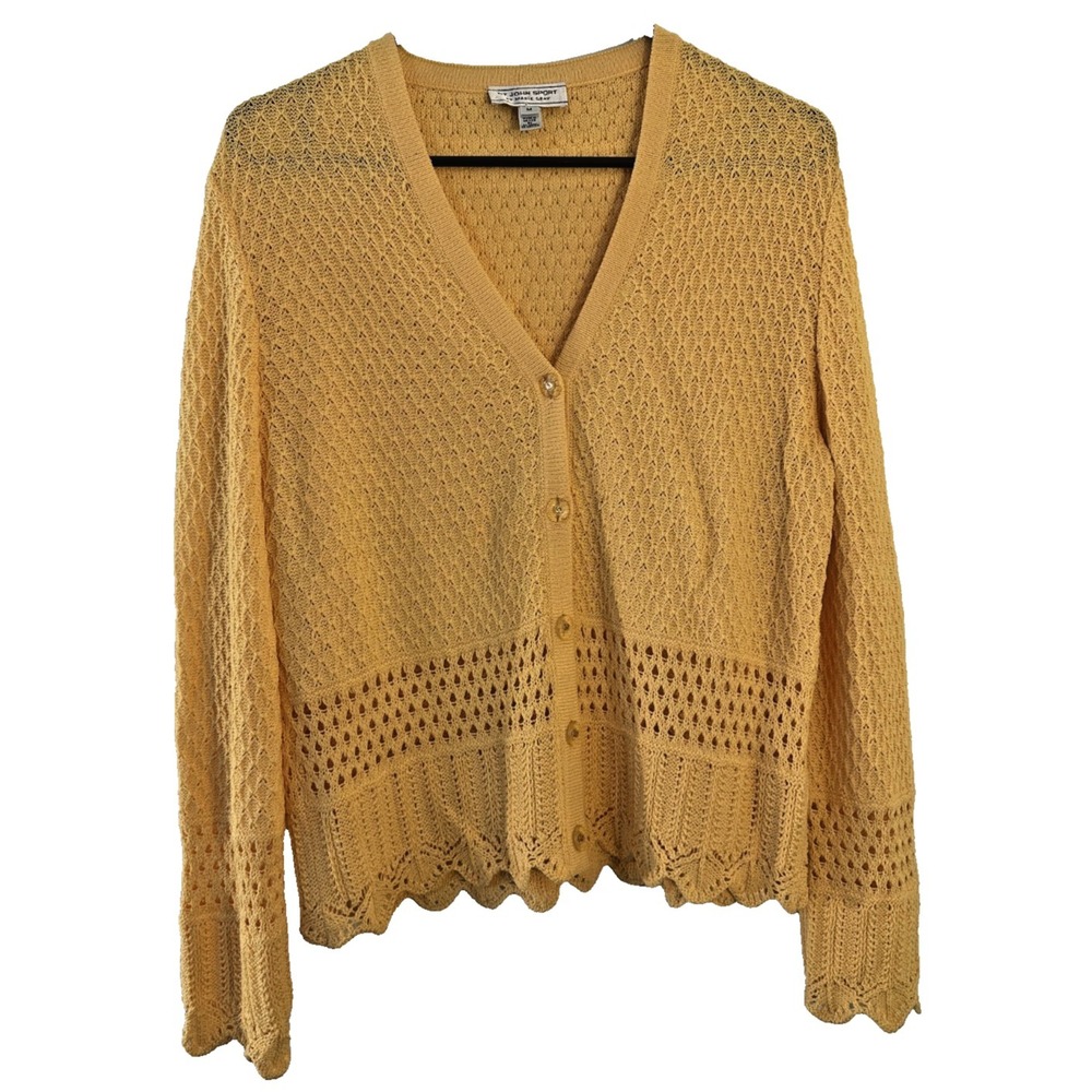 VTG ST. John Sport by Marie Gray Womans Cottage Knit Cardigan Size M Yellow Work